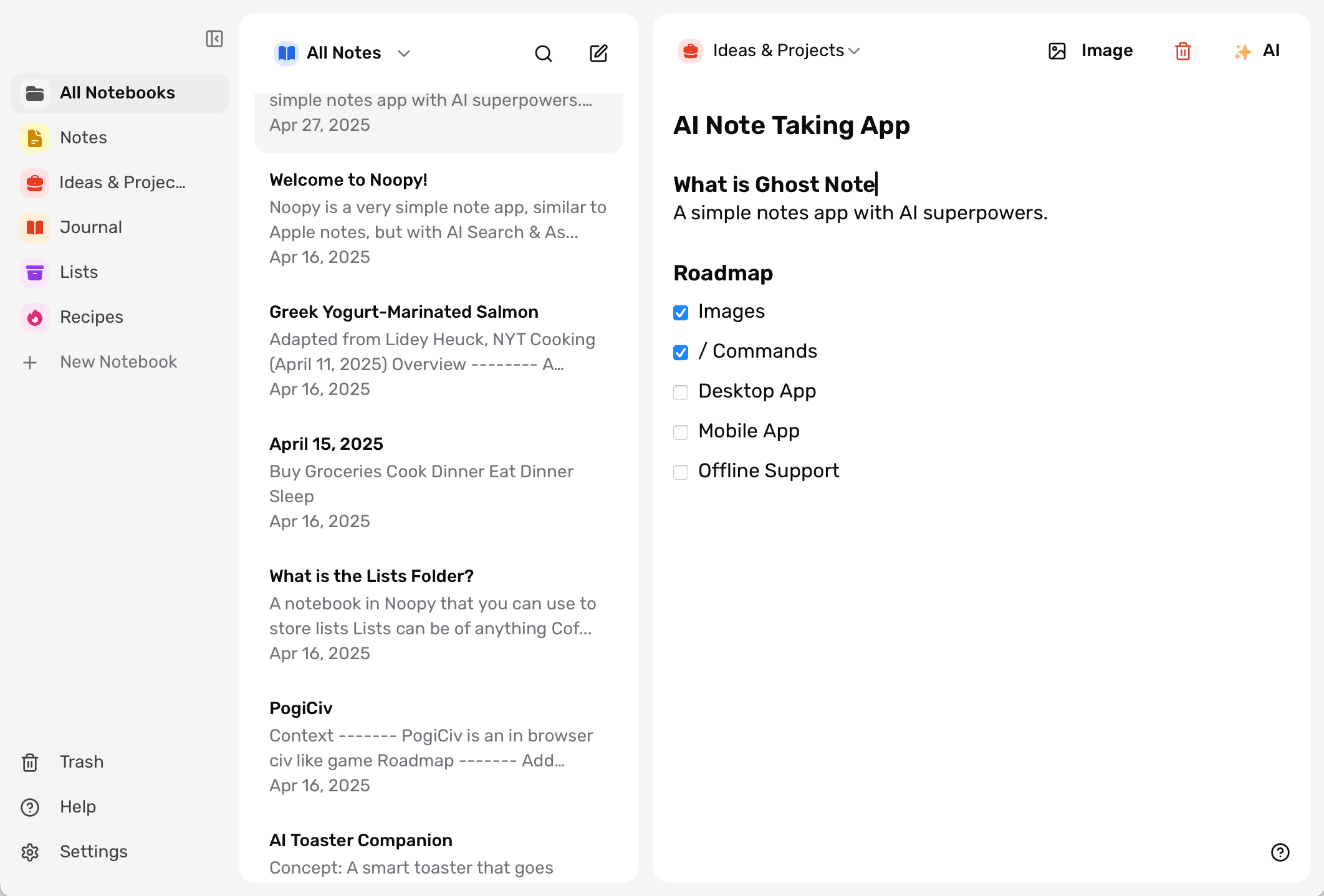 PogiNote application screenshot showing notebooks and notes list